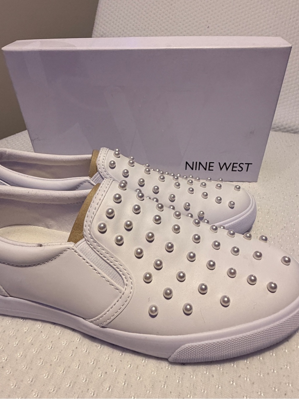 Nine West White Pearl-Studded Slip-On Mules